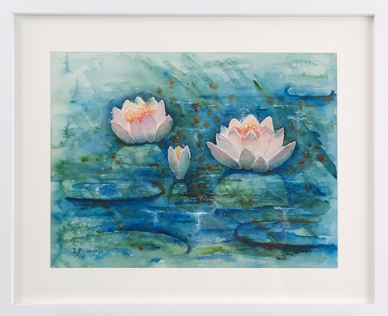A close-up image of 'Water Lilies', including the frame and mount