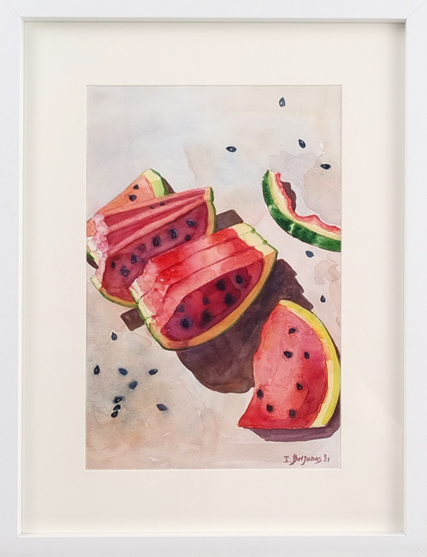 A close-up image of 'Water Melon', including the frame and mount