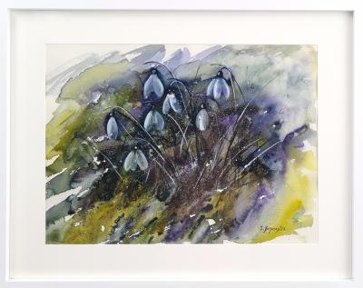 A close-up image of 'Snowdrops', including the frame and mount